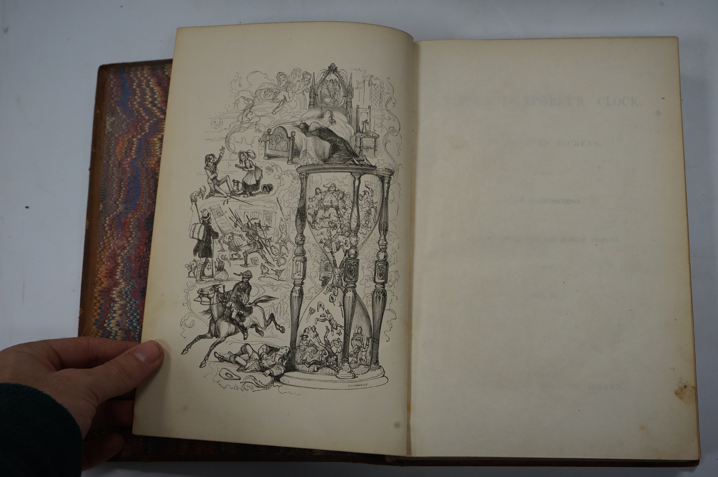 Dickens, Charles - Our Mutual Friend. (new edition), 2 vols. (bound together). pictorial general title, frontispieces and 38 plates; contemp. half calf and marbled boards, gilt decorated panelled spine with red and brown